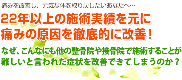 葛飾区で22年以上の施術実績を元に痛みの原因を徹底的に改善。他の整骨院や整体で難しいといわれた症状も改善